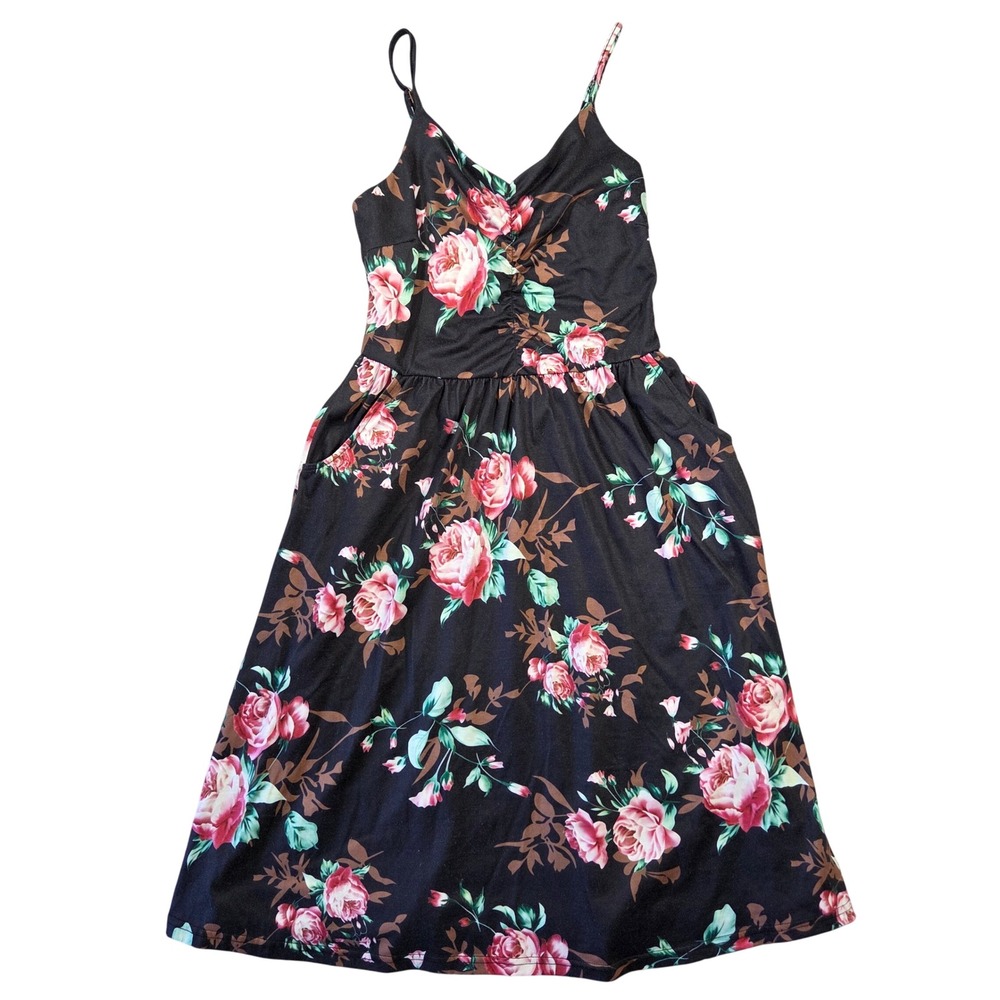Yathon Womens Floral Sundress Black Pink Rose Print V-Neck Pocket Dress S Boho